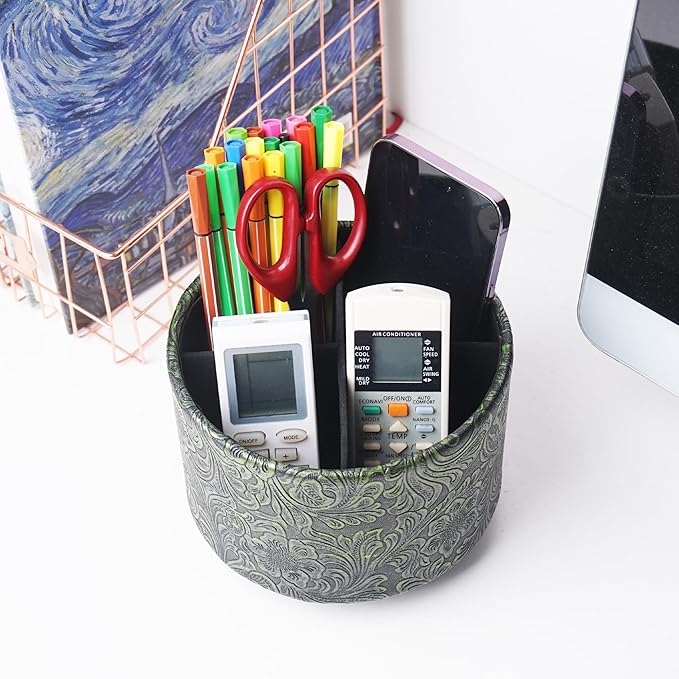 lizimandu Round Leather Art Supply Organizer,Remote Control Holder,360 Degree Spinning,Multi-Functional Pencil Holder,4 Compartments Desktop Stationary Organizer(1-Carved Metal Green2)