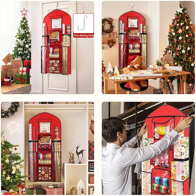 Hanging Gift Wrapping Paper Storage, 48x24 (Extra Large) Red Double-Sided Christmas Wrapper Bag Container, Oxford Long Craft Roll Organizer, Present Wrap Holder for Closet, Door