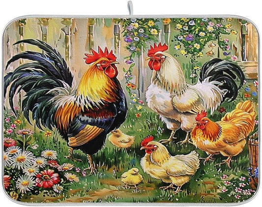 Rooster Flowers Dish Drying Mat 16 X 18 Inch Farm Cock Chick Floral Kitchen Rack Mats Dry Dishes Pads Tableware Mat Absorbent Microfiber Protector for Kitchen Countertops Counter Home Decor