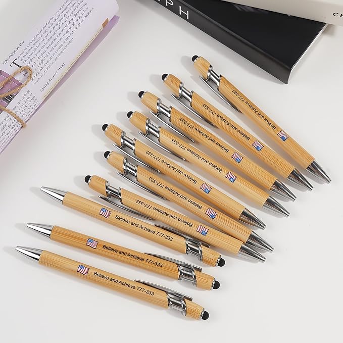 Bamboo Personalized Pen with Stylus -Customizable Text Logo Name Ballpoint Pens with Black Ink-Personalized Gift Ideas for School Back Day Office Business Home(200 Count/Pack)