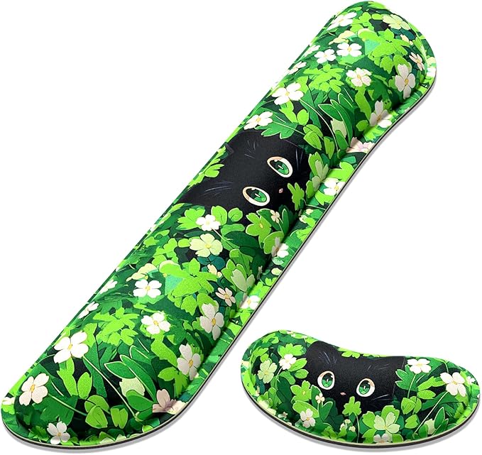 Dapesuom Enlarge Keyboard Wrist Rest, Memory Foam Wrist Cushion for Desk Mats Support, Typing Pain Relief Keyboard Mouse Pad Rests Set with Non-Slip Base for Gaming Laptop Computer, Anime Grass Cat
