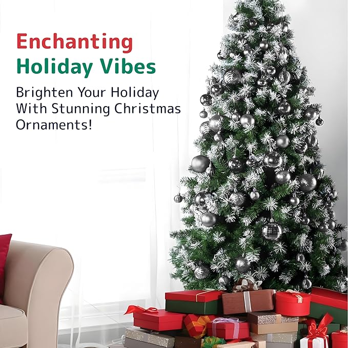 Prextex 36pc Silver Christmas Ornaments Set - Shatterproof Christmas Tree Ornaments in 3 Sizes and 6 Styles - Hanging Balls with Loops in Matte, Shiny, and Glitter Finishes for Indoor-Outdoor Display