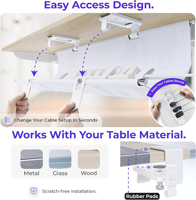 Ascrono Original No Drill Under Desk Cable Management Tray 40.6" - Premium White Fabric Cable Management Under Desk - Clamp/Screw Mount Cord Organizer - Supports Upto 66lbs - Large