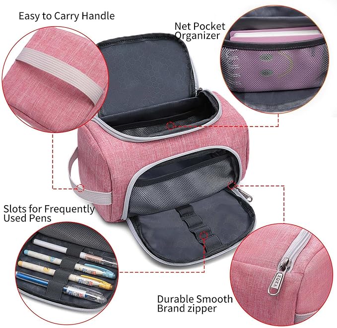 XQXA Extra Large Capacity Pencil Case Organizer, Multifunctional Pencil Pouch with Compartmens, Travel Simple Stationery Bag, Nylon Pencil Bag for Adults (Pink)