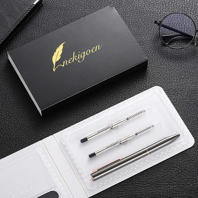 Ballpoint Pen with Gift Box for Men Women,Luxury Stainless Steel Retractable Pen Executive Home Office Use, and 2 Extra Refills Black Ink 1.0mm B2 (Gray)