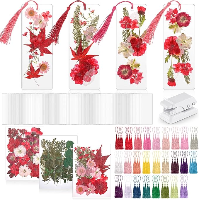 150 Pcs DIY Pressed Dried Flower Bookmark Making Kit, DIY Bookmark Bulk Thanksgiving Teacher Gifts for Reading Women Book Lovers(2 x 6 Inch,Red Color)