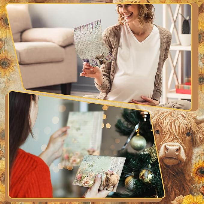 TaoBary 160 Pcs Stationery Paper Set 50 Double Sided Stationery Papers with 50 Matching Envelopes and 60 Round Dot Sticker, 10 Design(Floral Highland Cow,5.5 x 8.25 Inch)