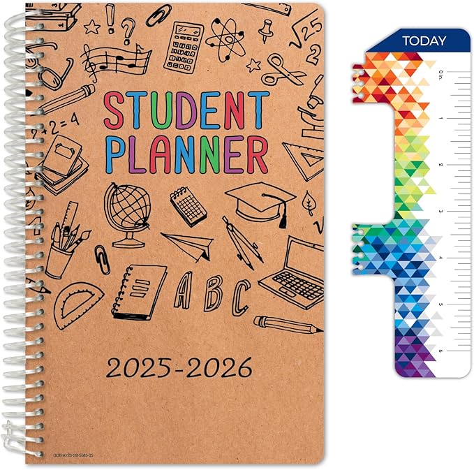Global Datebooks Dated Middle School or High School Student Planner for Academic Year 2025-2026 Includes Ruler/Bookmark and Planning Stickers (Block Style - 5.5"x8.5" - Kraft Doodles)