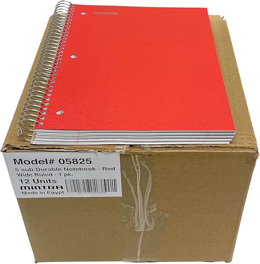 Mintra Office Durable Spiral Notebooks, 5 Subject (Red, Wide Ruled 12pk)