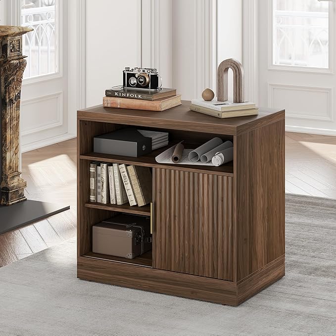 Fluted File Cabinet with Door, 32'' Lateral File Cabinet with Open Adjustable Shelves, Wood Filing Cabinet with Sliding Door for Home Office, Black Walnut