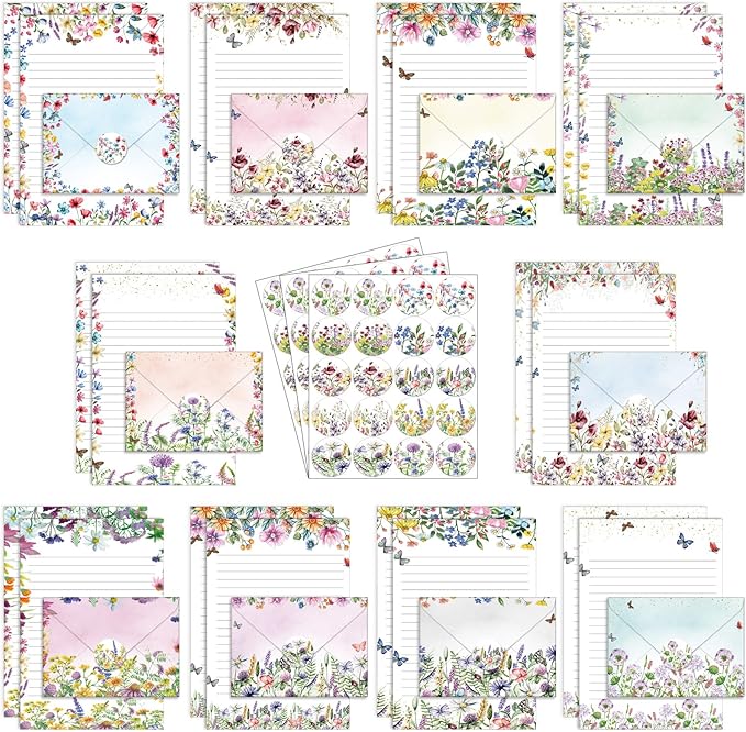 TaoBary 160 Pcs Stationery Paper Set 50 Double Sided Stationery Papers with 50 Matching Envelopes and 60 Round Dot Sticker, 10 Design(Wildflower,8.5 x 11 Inch)