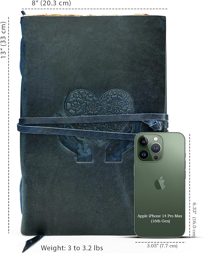 LUXEORIA Heart Journal for Women and Men, Handcrafted Leather Journal for Writing Womens, Sketchbook, Travel Diary with Unlined Deckle Paper, Dark Blue 8x13