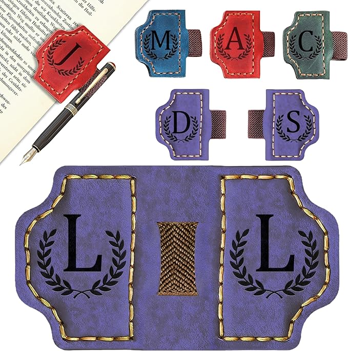 Bygone Mark Bookmark with Pen Holder, 26 Letters Name Initial Personalized Magnetic Bookmarks, Leather Book Mark for Men Women, Travelers Accessories, Teachers Readers Book Lovers Gifts (Purple, L)