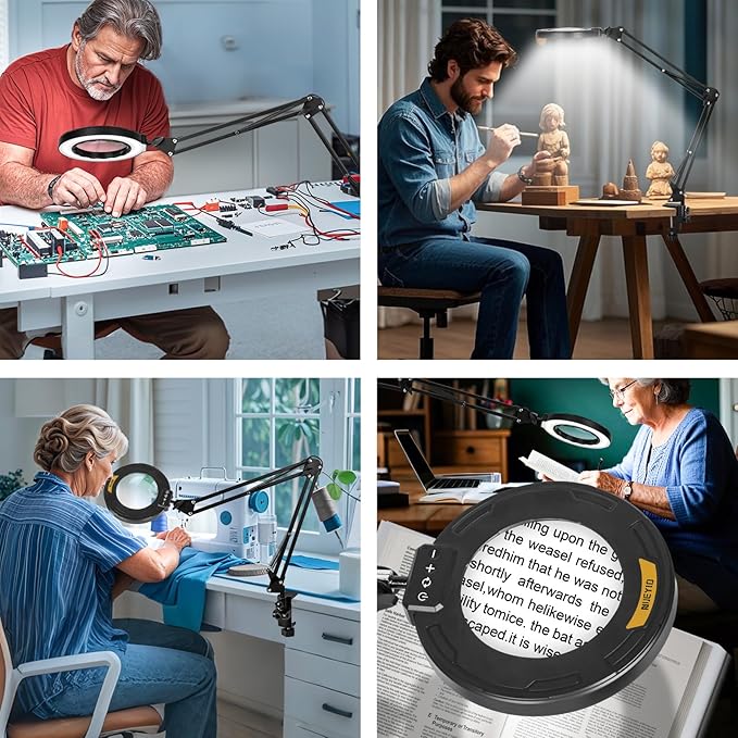 12X Long Swing Arm Magnifying Glass with Light and Stand, NUEYiO 4-Way Large Strong Metal Clamp Lighted Magnifier Lamp, 5 Color Modes LED Magnifying Lamp for Workbench, Crafting, Hobby