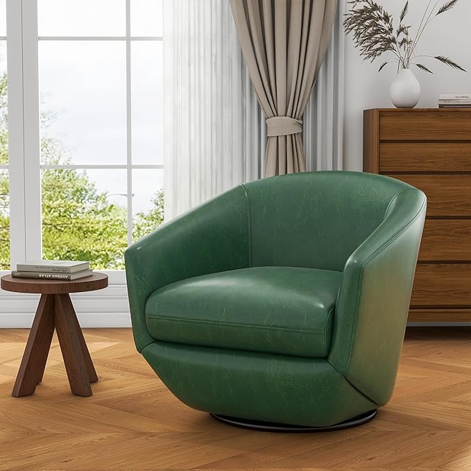 UIXE Faux Leather Swivel Accent Chairs Set of 2, Barrel Chair Upholstered Club Armchair for Living Room, Comfy Single Sofa Bedroom Side Reading Seat - Green