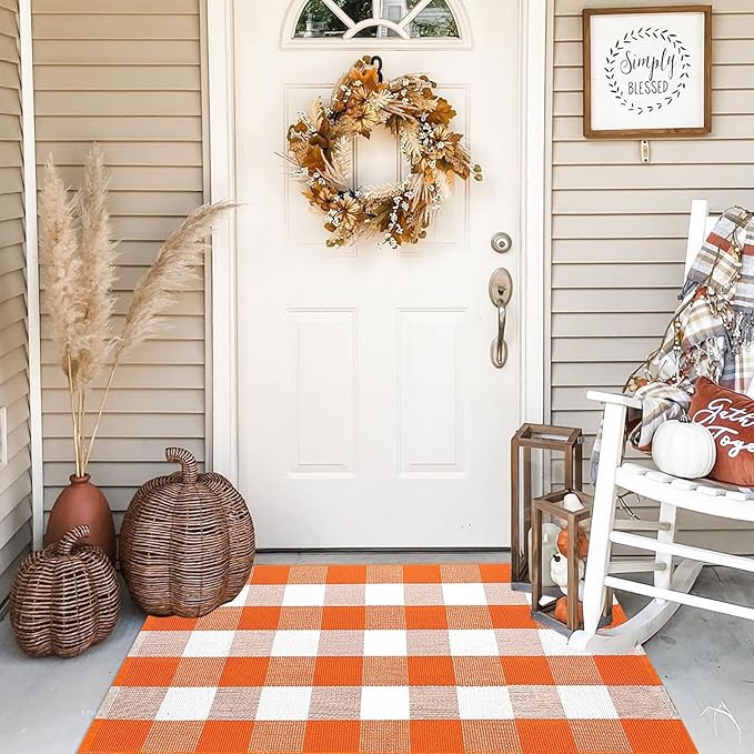 Buffalo Plaid Outdoor Rugs, 2'4" x 3'7" Orange and White Check Indoor/Outdoor Area Rug, Layering Rug for Hello/Welcome Door Mat, Washable Cotton Woven Farmhouse Mat for Fall Front Porch Décor