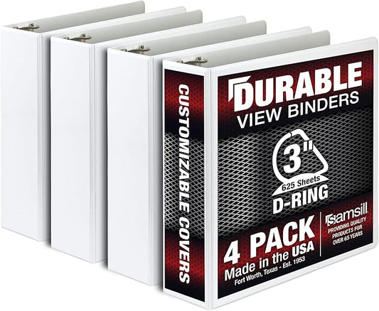 Samsill Durable 3 inch 3 Ring Binder, Made in USA, D Ring Binder, FSC 100% Recycled Chipboard, White, 4 Pack