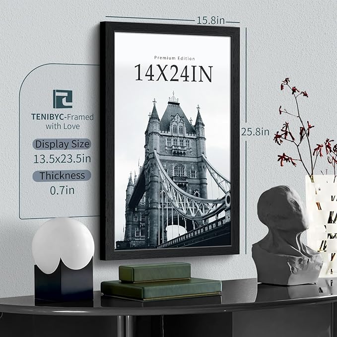 14x24 Poster Frame 3 Pack, Textured Black Solid Wood Gallery Picture Frame - Wall Hanging