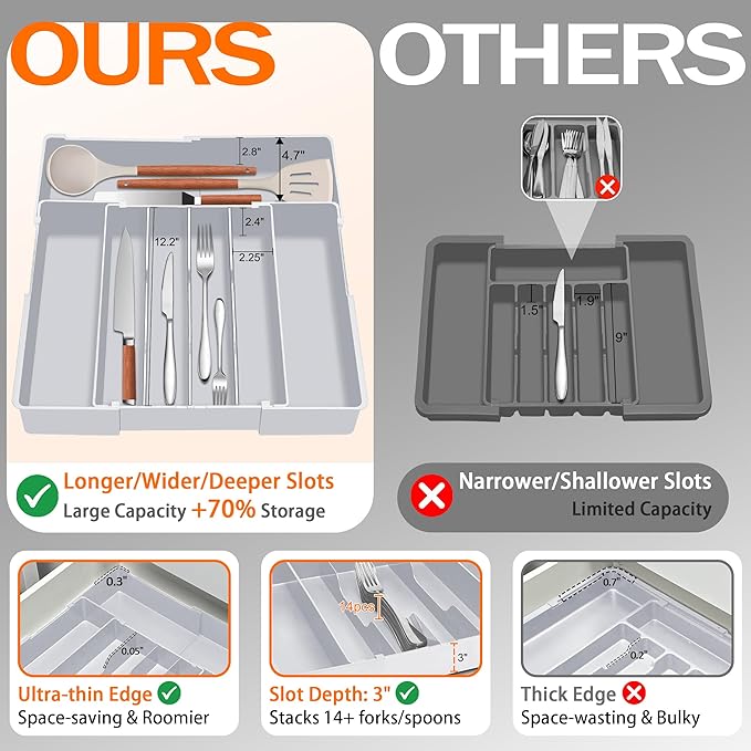 Expandable Large Silverware Organizer - BPA-Free Food-Safe Kitchen Utensil Drawer Organizer, Adjustable 4-7 Deeper Slots Cutlery Tray for Forks Knives, Kitchen Organizers and Storage Solution