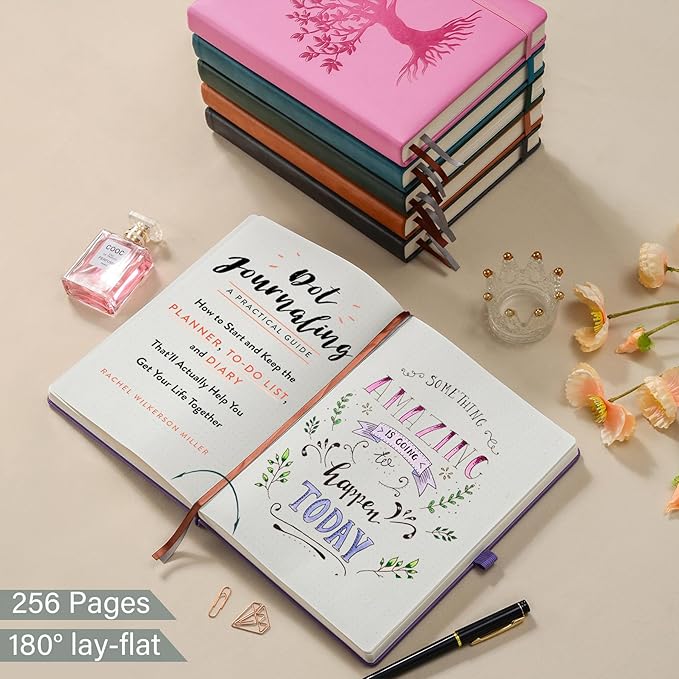 ZXHQ A5 Bullet Dotted Journal Notebook - 150gsm Thick Paper, 256 Pages, Dot Grid Hardcover, Tree of Life Design, Fine Inner Pocket - 5.9" × 8.5" Purple