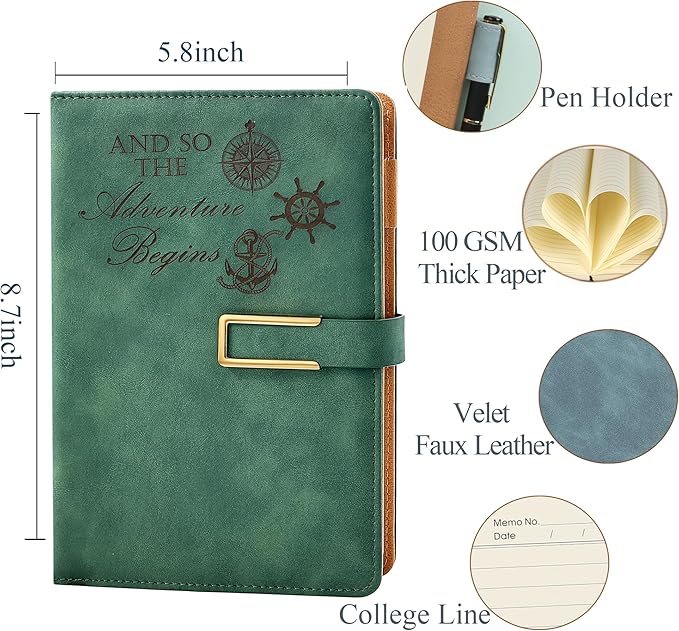 Fanery Sue Refillable Adventure Travel Journal For Women & Men Faux Leather Hardcover A5 Travel Notebook College Ruled 200 Lined Pages Lay-Flat Diary With Pen & Magnetic Buckle（Adventure - Green