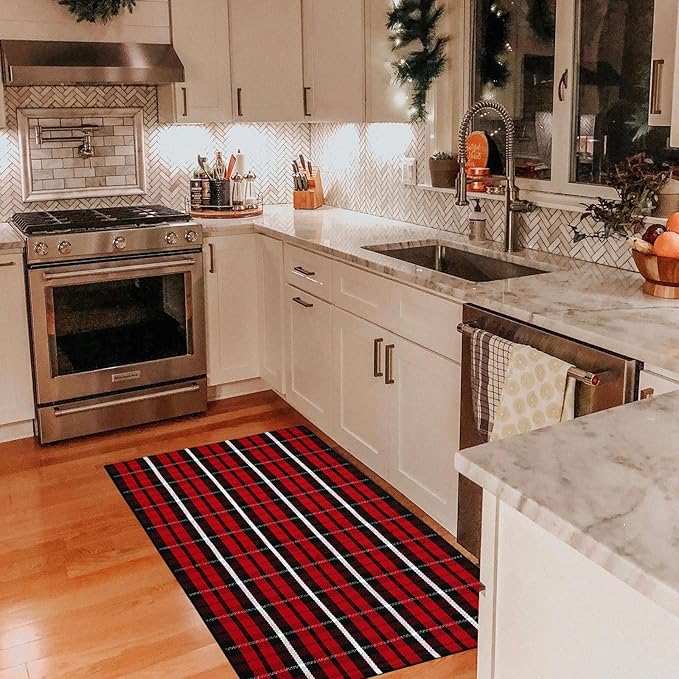 Buffalo Plaid Outdoor Rug Christmas Door Mat Christmas Decor Welcome Rug Cotton Hand-Woven Layered Door Mats for Front Porch, Kitchen, Farmhouse, Entryway (27.5"x43", Red/Black/White)