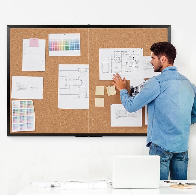 Board2by Extra Large Cork Bulletin Board 60" X 36", Foldable Notice Pin Board for Wall, Black Wood Framed 5'x3' Corkboard, Wall Mounted Noticeboard with 36 Push Pins for School, Home & Office