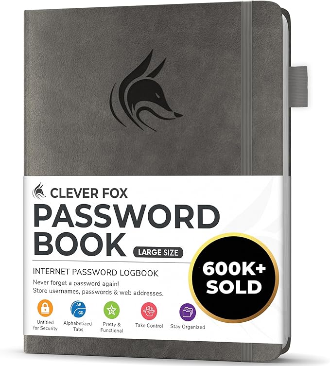 Clever Fox Password Book with alphabetical tabs. Internet Address Organizer Logbook. Large Password Keeper for Website Logins (Gray)