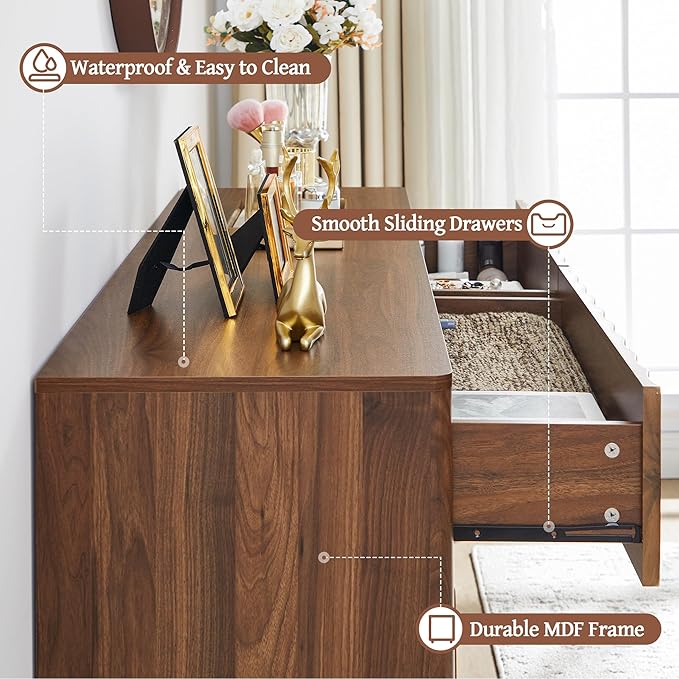 Fluted 6 Drawer Dresser, 53" Wide Modern Storage Chest of Drawers, Wood Drawer Organizer for Bedroom, Living Room, Hallway