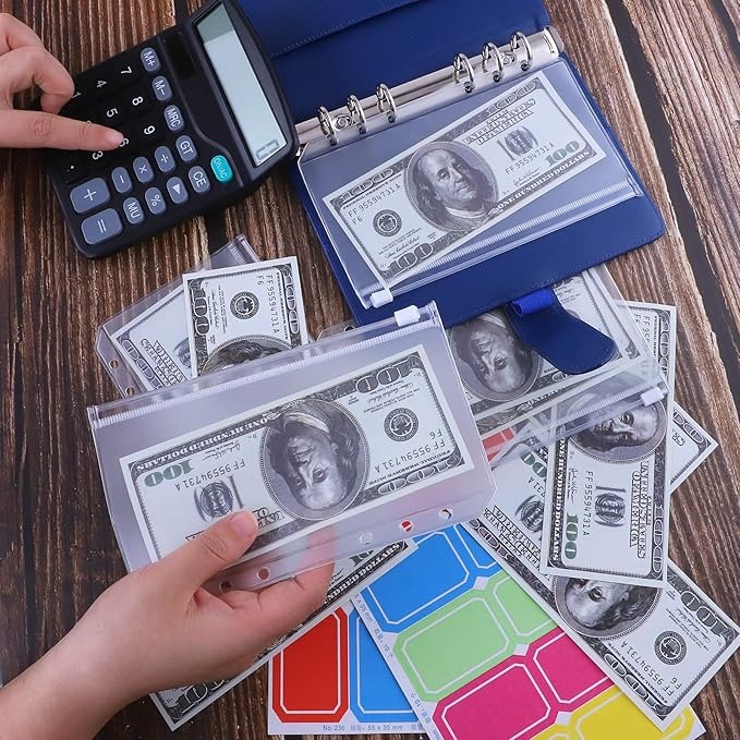 Antner A6 Budget Binder with Zipper Cash Envelopes for Money Organizer & Budgeting, PU Budget Planner Money Saving Binder with Cash Stuffing Envelopes & Labels for Home Office Travel, Navy Blue