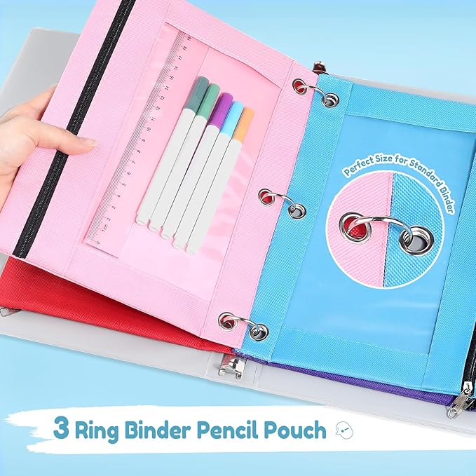 SUNEE Pencil Pouch for 3 ring binder, Pencil Bag for Binder with Zippers, Pink Pencil Case for Students Organizer, Pink