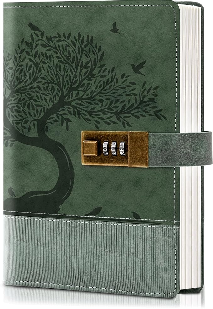 Vintage Diary with Lock for Women Girls 256 Pages Leather Journal with Lock A5 Password Locking Journals for Writing Note Taking Boys Men, 5.9x 8.3 in, Green