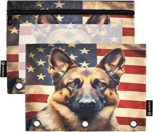 Dog German Shepherd American Flag Pencil Pouch for 3 Ring Binder, 2 Pack Waterproof Pencil Bags Clear Window Zipper School Office Supplies