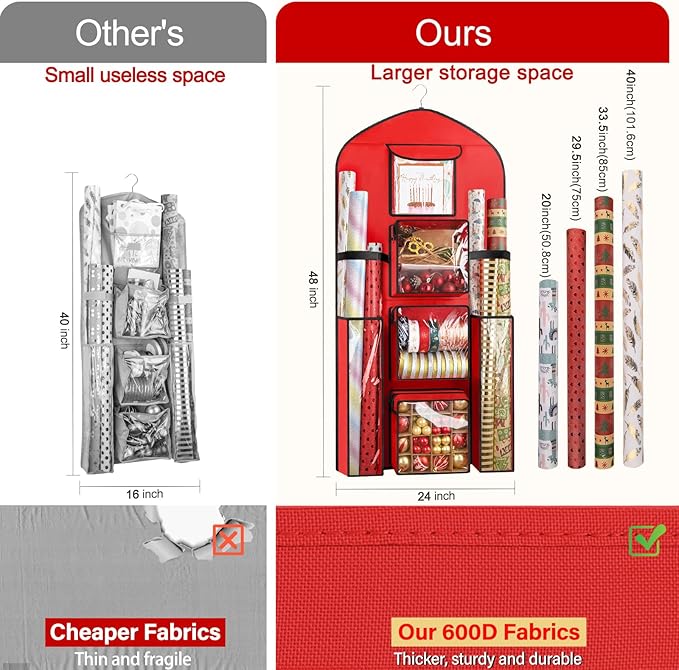 Hanging Gift Wrapping Paper Storage, 48x24 (Extra Large) Red Double-Sided Christmas Wrapper Bag Container, Oxford Long Craft Roll Organizer, Present Wrap Holder for Closet, Door