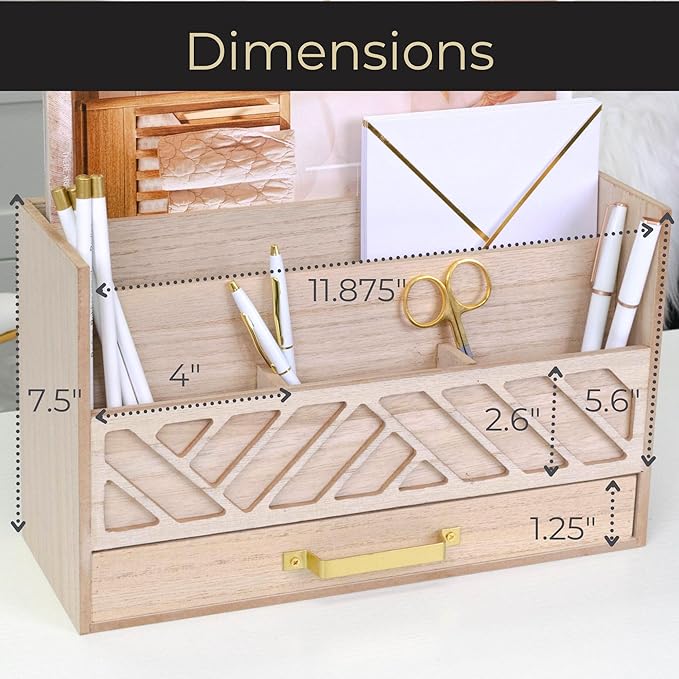 BLU MONACO Natural Mail Organizer with Drawer and Gold Handle – Desktop Mail Holder and Office Supplies Storage – Home Office Desk Accessories – Letter Sorter and Paper Organizer