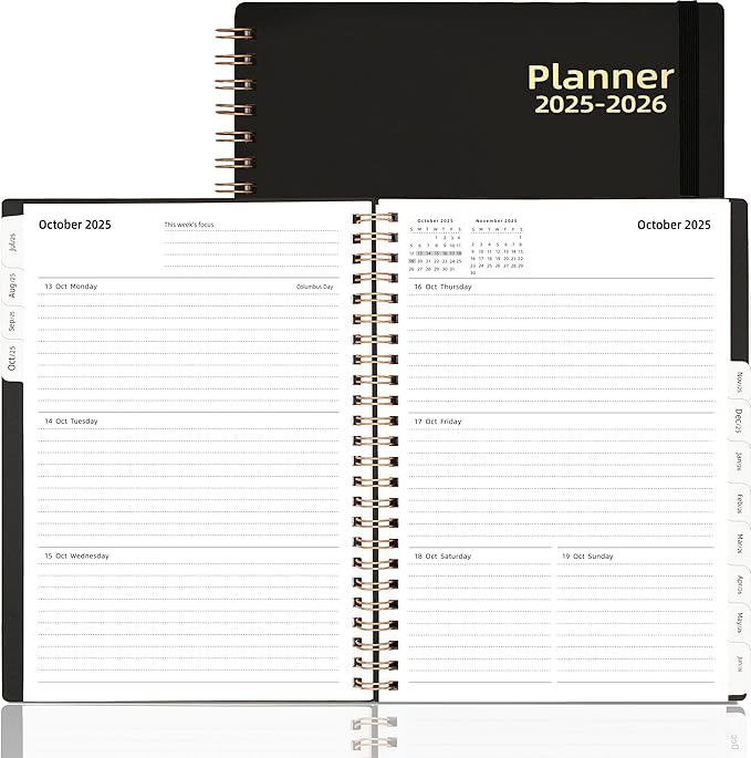 Daily Planner 2025-2026, Jul.2025-Jun.2026, 6.2" x 8.4", 2025 Planner Weekly and Monthly, Calendar Planner 2025 with Tabs & Pocket, 100GSM Thick Paper, Black