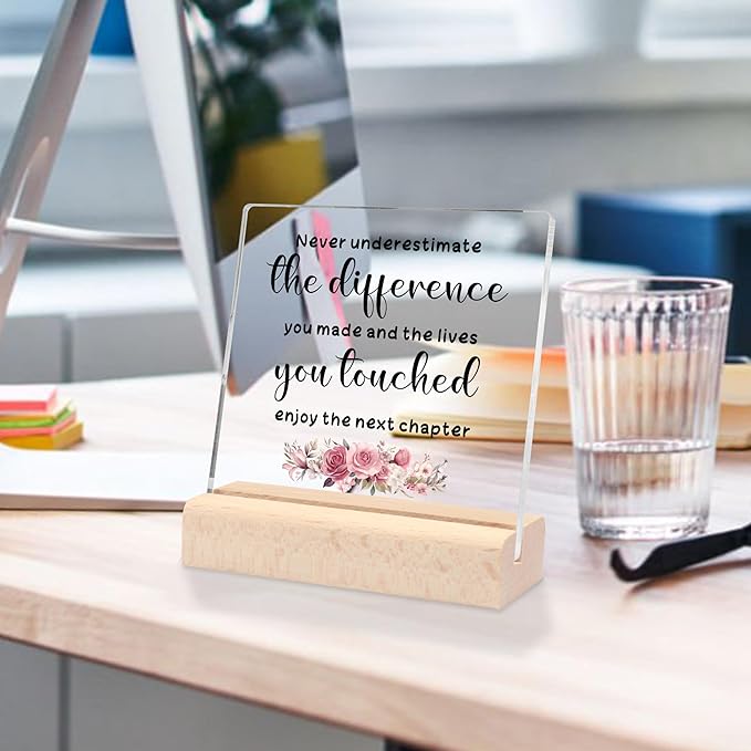 Retirement Gift for Woman Happy Retirement Going Away Gifts Goodbye Farewell Gifts for Coworkers Boss Friends, Never Underestimate The Difference You Made Clear Desk Decorative Sign with Wooden Stand