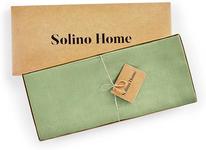 Solino Home Linen Laurel Green Table Runner 132 Inches Long - 100% Pure Linen Extra Long Table Runner 14 x 132 Inch for Fall, Autumn, Thanksgiving - Fete