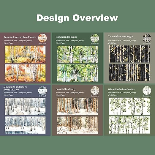 Forest Washi Tape Set, 6 Rolls Tree Landscape Stickers with Clip for Scrapbooking, Journaling and Planner Supplies