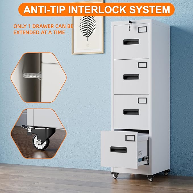 Aobabo 56" H 4 Drawer Moblie Office File Cabinet with Lock, Rolling Metal Filing Storage Cabinet, Legal/Letter A4 Size, White, Assembly Required