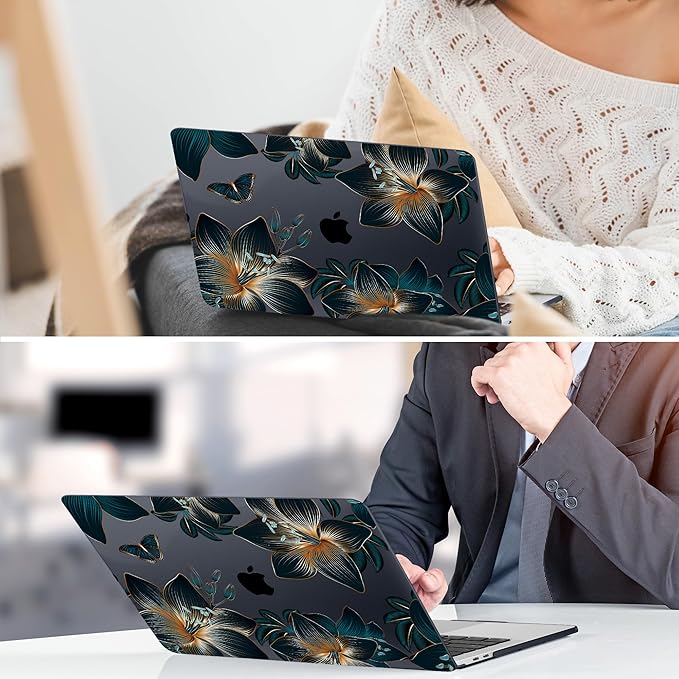 TWOLSKOO Compatible with MacBook Pro 13 inch Case 2023-2016 A2338 M2/M1 A2251 A2289 A2159 A1989 A1706, Plastic Hard Shell Cover & Keyboard Skin & Screen Protector - Golden Lilies