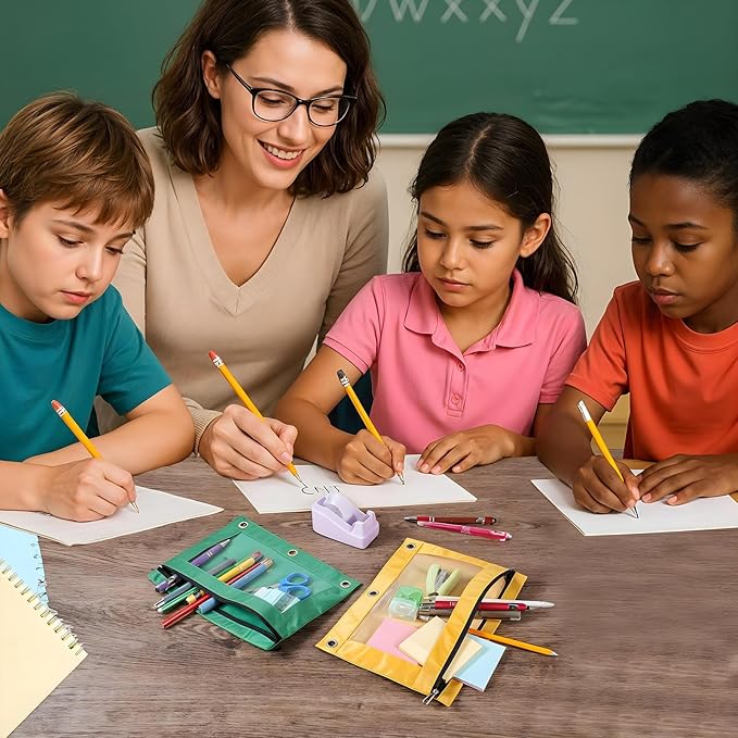 24 Pack Pencil Pouch for 3-Rings Binder, 3-Holes Zipper Pencil Pouches in Assorted Colors, Sturdy and Resuable Cloth Holder with Clear Window for Office Supplies