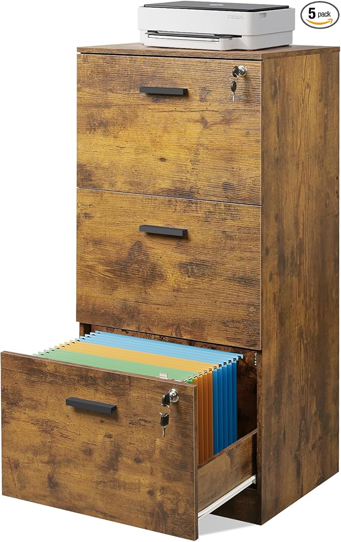 DEVAISE 3 Drawer File Cabinet with Lock, Vertical Wood Filing Cabinet for Home Office, Printer Stand for Letter and A4 Size, Rustic Brown