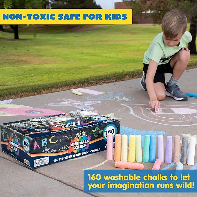 160 PCS Sidewalk Chalks Set Non-Toxic Washable Jumbo Chalk for Outdoor Art Play, Painting on Chalkboard, Blackboard and Playground