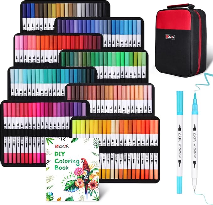 ZSCM 160 Colors Duo Tip Brush Markers Art Pen Set, Artist Fine and Brush Tip Colored Pens, for Adult Coloring Books Christmas Cards Drawing, Note taking Lettering Calligraphy Journaling