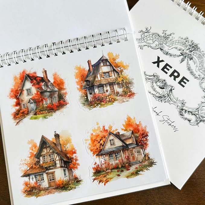 XERE 80 Pcs Quaint Cottages Four Seasons Sticker Book for Journaling Notebooks, Sketchbook, Bookmark Making, Junk Journal, Budget Planner, Scrapbook Art Supplies Stickers