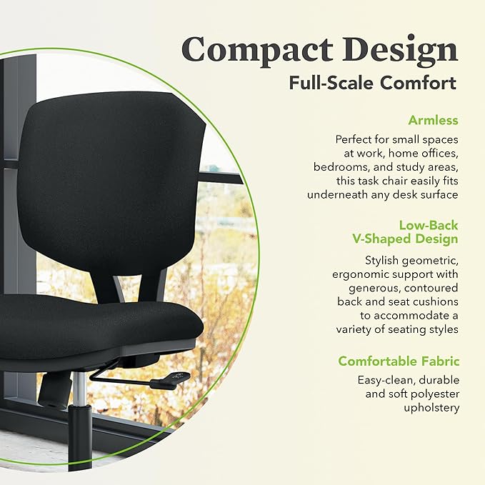 HON Volt Armless Chair, Ergonomic Adjustable Center-Tilt Recline, Fabric Back and Seat, Swivel Desk Chair, Black
