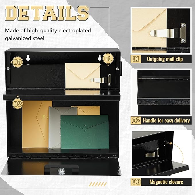 Extra Large Wall Mount Mailboxes for Outside 15.35 x 15 x 7 Inches Locking Security Mail Box Galvanized Steel Wall Mailbox Large Capacity Post Box with Key Lock and Reflective Stickers(Black)