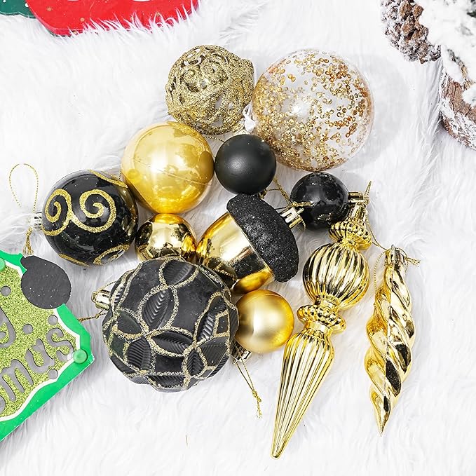 123pcs Christmas Ball Ornaments Set, Shatterproof Plastic Balls for Classic Xmas Decorations, Hanging Ornaments for Christmas Tree, Holiday, Bridal, Home Party, Gold and Black
