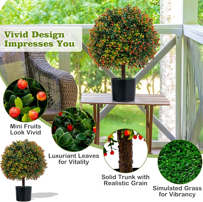 Goplus 22'' Artificial Boxwood Topiary Ball Tree, Set of 2 UV Resistant Faux Potted Plants Artificial Shrubs Bushes with Orange Fruits, Fake Evergreen Artificial Topiary for Home Front Porch Decor